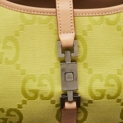 Pre Owned Gucci Natural/Neon Yellow/ Jumbo GG Canvas Jackie Tote w/ Wallet