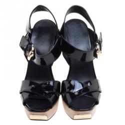 Pre Owned Gucci Black Patent Leather Criss Cross Ankle Strap Sandals Size 37.5