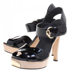 Pre Owned Gucci Black Patent Leather Criss Cross Ankle Strap Sandals Size 37.5