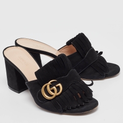 Gucci  Black Suede GG Marmont Slide Sandals Size 37.5