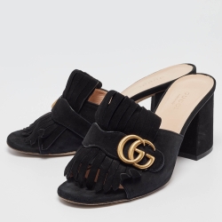 Gucci  Black Suede GG Marmont Slide Sandals Size 37.5