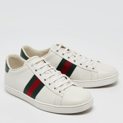مملوكة مسبقًا Gucci White/Green Leather and Crocodile  Ace Web Sneakers Size 38