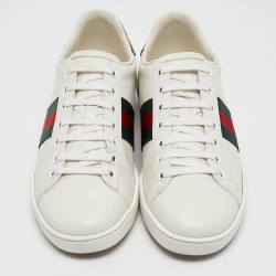 مملوكة مسبقًا Gucci White/Green Leather and Crocodile  Ace Web Sneakers Size 38