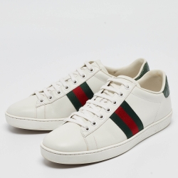مملوكة مسبقًا Gucci White/Green Leather and Crocodile  Ace Web Sneakers Size 38