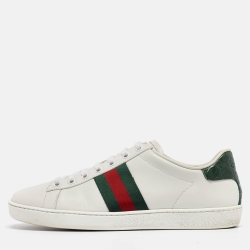 مملوكة مسبقًا Gucci White/Green Leather and Crocodile  Ace Web Sneakers Size 38