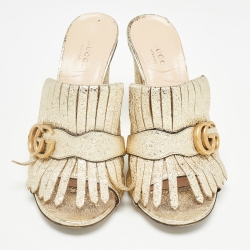 Pre Owned Gucci Gold Leather GG Marmont Slide  Sandals Size 39