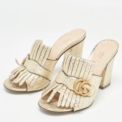Pre Owned Gucci Gold Leather GG Marmont Slide  Sandals Size 39