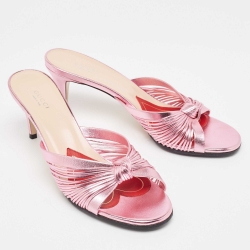 Pre Owned Gucci Metallic Pink Leather Knotted Slide Sandals Size 40