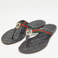 Pre Owned Gucci Black Leather Web Thong Flat Slides Size 39     