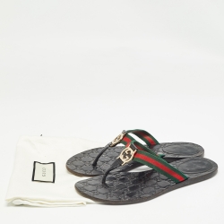 Pre Owned Gucci Black Leather Web Thong Flat Slides Size 39     