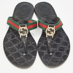 Pre Owned Gucci Black Leather Web Thong Flat Slides Size 39     