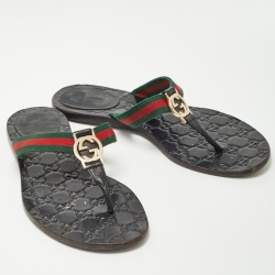 Pre Owned Gucci Black Leather Web Thong Flat Slides Size 39     