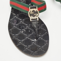 Pre Owned Gucci Black Leather Web Thong Flat Slides Size 39     