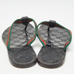 Pre Owned Gucci Black Leather Web Thong Flat Slides Size 39     