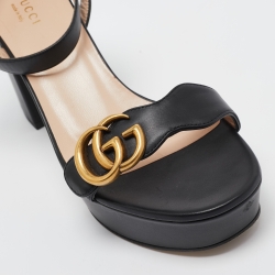 Pre Owned Gucci Black Leather GG Marmont Platform Block Heel Ankle Strap Sandals Size 38.5