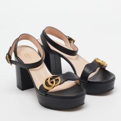 Pre Owned Gucci Black Leather GG Marmont Platform Block Heel Ankle Strap Sandals Size 38.5