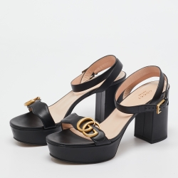 Pre Owned Gucci Black Leather GG Marmont Platform Block Heel Ankle Strap Sandals Size 38.5