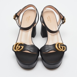 Pre Owned Gucci Black Leather GG Marmont Platform Block Heel Ankle Strap Sandals Size 38.5