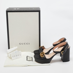 Pre Owned Gucci Black Leather GG Marmont Platform Block Heel Ankle Strap Sandals Size 38.5