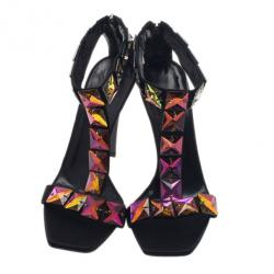 Pre Owned صندل غوتشي ستان أسود مرصع سير حرف T مقاس 38