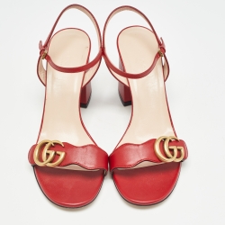 مملوكة مسبقًا Gucci Red Leather GG Marmont Ankle Strap Sandals Size 38.5