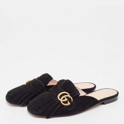 Pre Owned Gucci Black Suede GG Marmont Fringed Flat Mules Size 40