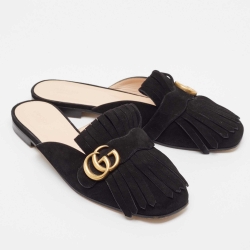 Pre Owned Gucci Black Suede GG Marmont Fringed Flat Mules Size 40