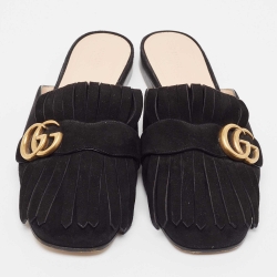 Pre Owned Gucci Black Suede GG Marmont Fringed Flat Mules Size 40