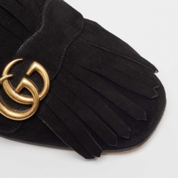 Pre Owned Gucci Black Suede GG Marmont Fringed Flat Mules Size 40