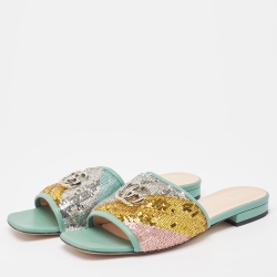 Gucci Multicolor Sequin and Leather GG Marmont Flat Slides Size 37.5