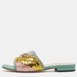 Gucci Multicolor Sequin and Leather GG Marmont Flat Slides Size 37.5
