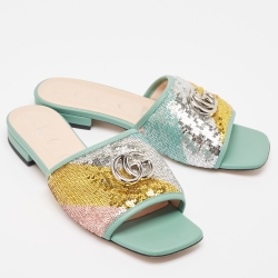 Gucci Multicolor Sequin and Leather GG Marmont Flat Slides Size 37.5