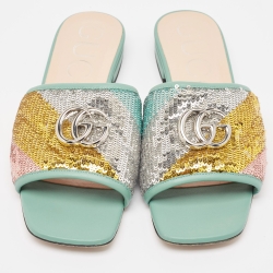 Gucci Multicolor Sequin and Leather GG Marmont Flat Slides Size 37.5