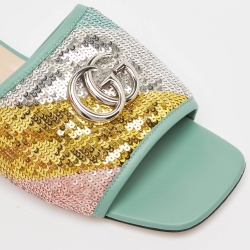 Gucci Multicolor Sequin and Leather GG Marmont Flat Slides Size 37.5
