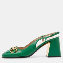 Pre Owned Gucci Green Leather Horsebit Square Toe Slingback Pumps Size 40.5