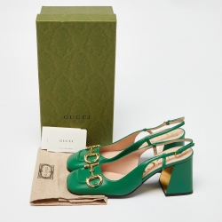 Pre Owned Gucci Green Leather Horsebit Square Toe Slingback Pumps Size 40.5