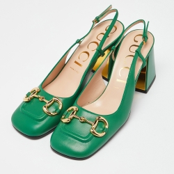 Pre Owned Gucci Green Leather Horsebit Square Toe Slingback Pumps Size 40.5