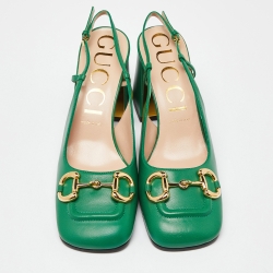 Pre Owned Gucci Green Leather Horsebit Square Toe Slingback Pumps Size 40.5