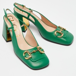Pre Owned Gucci Green Leather Horsebit Square Toe Slingback Pumps Size 40.5