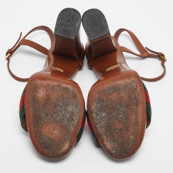 Pre Owned Gucci Brown Leather and Canvas Web Horsebit Ankle Strap Sandals Size 39