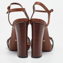 Pre Owned Gucci Brown Leather and Canvas Web Horsebit Ankle Strap Sandals Size 39