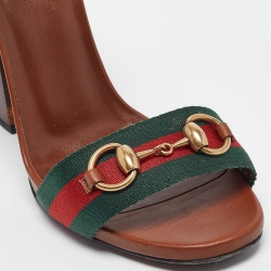 Pre Owned Gucci Brown Leather and Canvas Web Horsebit Ankle Strap Sandals Size 39