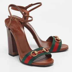 Pre Owned Gucci Brown Leather and Canvas Web Horsebit Ankle Strap Sandals Size 39