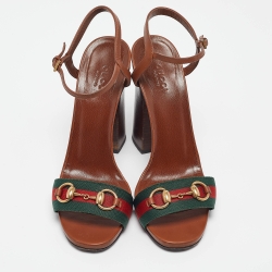 Pre Owned Gucci Brown Leather and Canvas Web Horsebit Ankle Strap Sandals Size 39