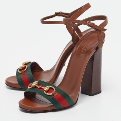 Pre Owned Gucci Brown Leather and Canvas Web Horsebit Ankle Strap Sandals Size 39