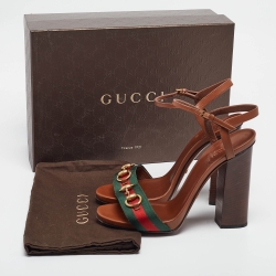 Pre Owned Gucci Brown Leather and Canvas Web Horsebit Ankle Strap Sandals Size 39