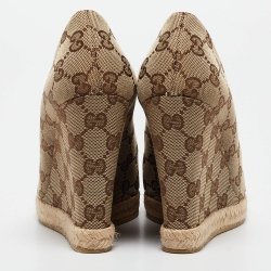 Pre Owned Gucci Beige/Brown GG Canvas Horsebit Peep Toe Wedge Espadrille Pumps Size 36.5
