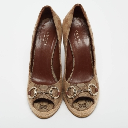 Pre Owned Gucci Beige/Brown GG Canvas Horsebit Peep Toe Wedge Espadrille Pumps Size 36.5