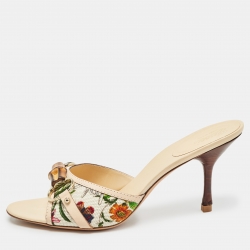 Pre Owned Gucci Multicolor Floral Canvas Bamboo Horsebit Slide Sandals Size 38.5