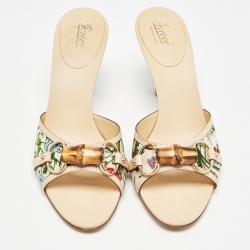 Pre Owned Gucci Multicolor Floral Canvas Bamboo Horsebit Slide Sandals Size 38.5